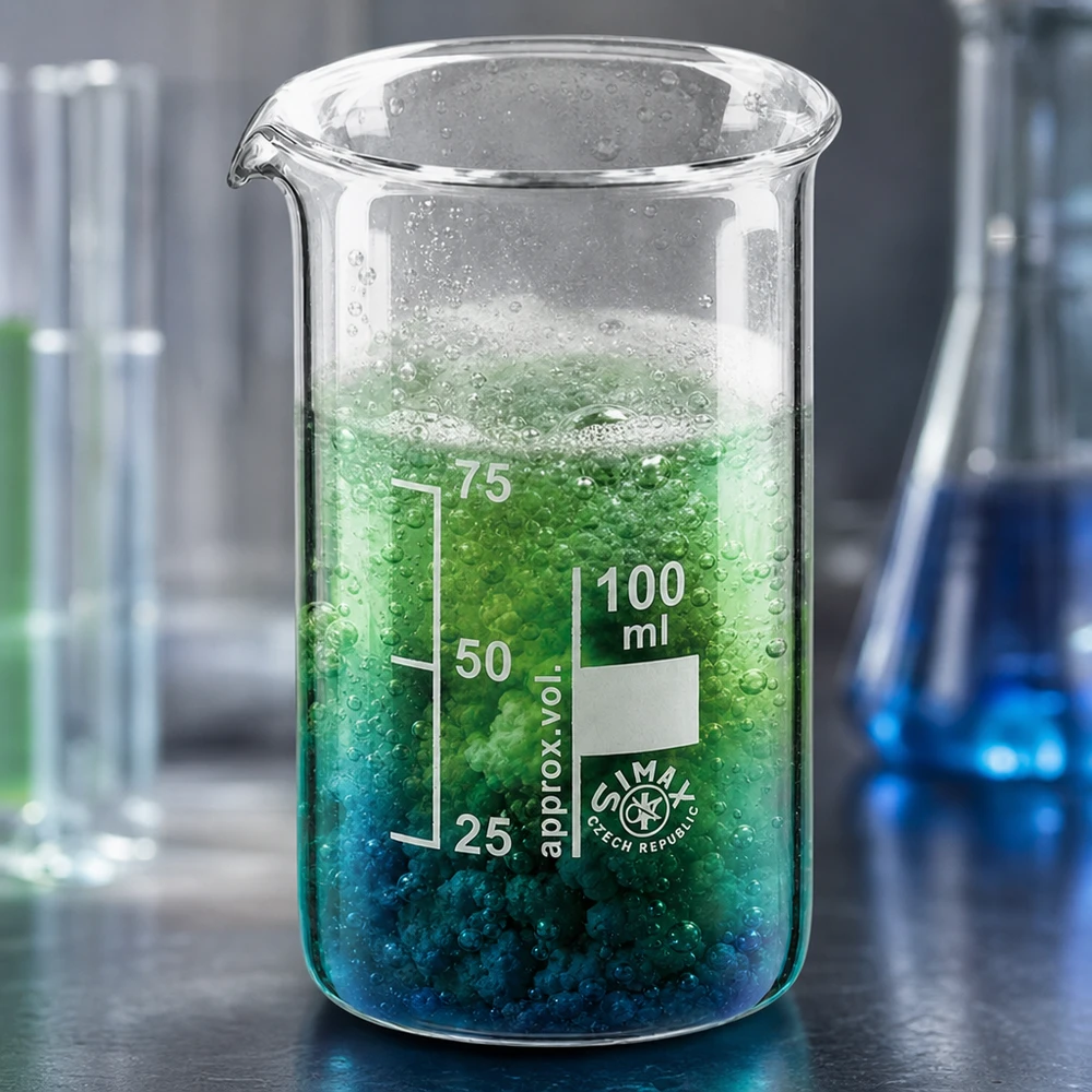 Mélange vert réactif dans un bécher Simax de 100 ml, modèle haut, avec formation de bulles