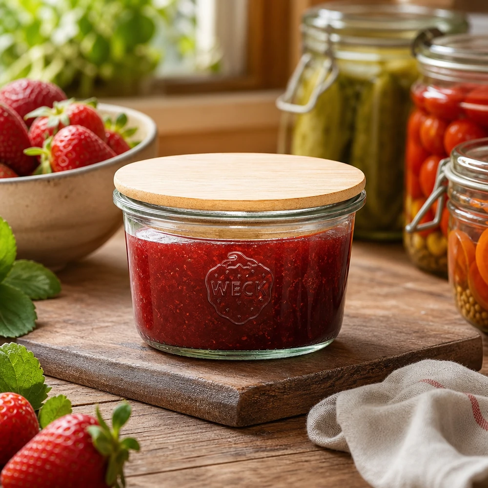 Pot de 80ml WECK RR60 avec couvercle en bois WECK Pot 80ml RR60 avec couvercle en bois rempli de confiture de fraises dans une cuisine rustique avec des fraises fraîches