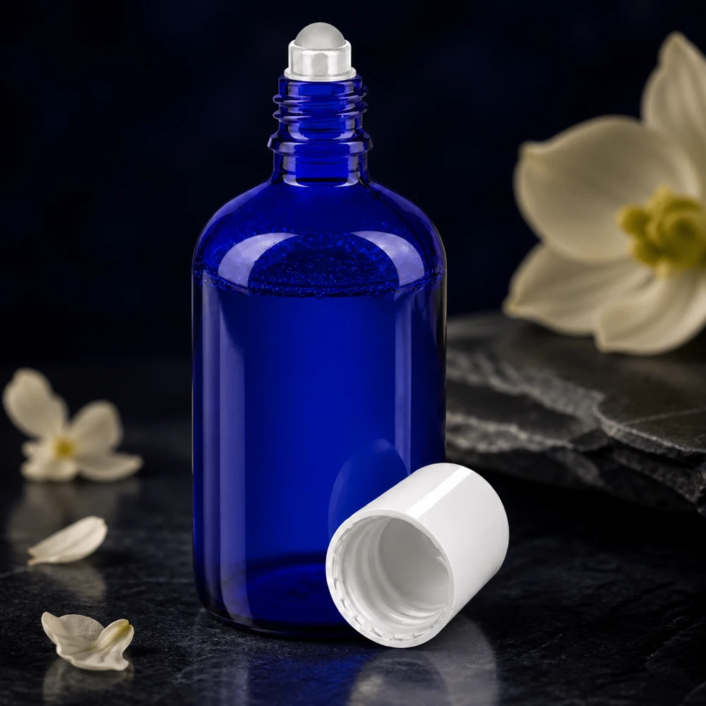 Flacon roll-on bleu cobalt de 100 ml en verre d'apothicaire de haute qualité, muni d'un bouchon à vis blanc ouvert