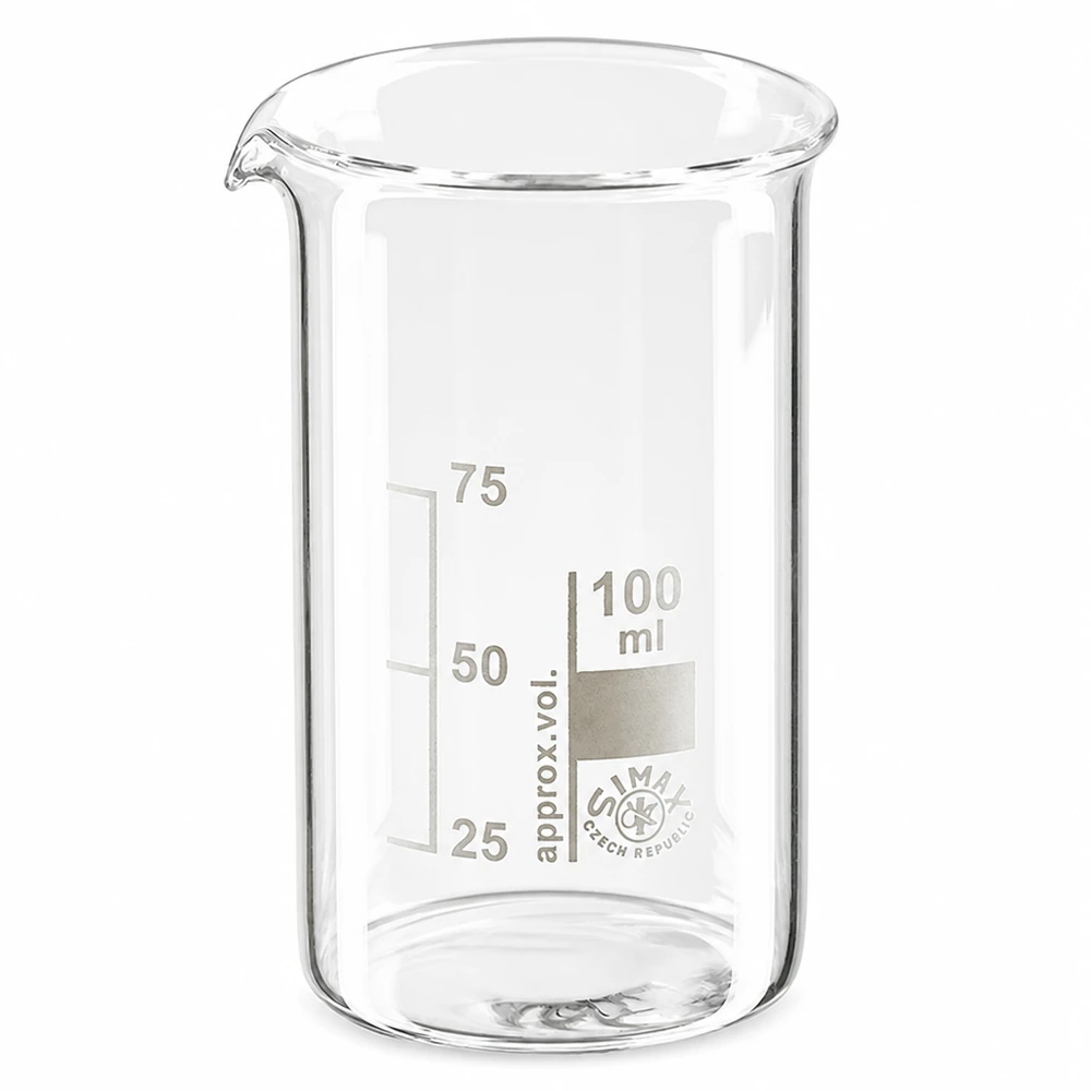 Bécher 100ml en verre borosilicate résistant à la chaleur (forme haute) Verre à mesure de 100 ml, forme haute, en verre borosilicaté transparent, avec échelle graduée et bec verseur