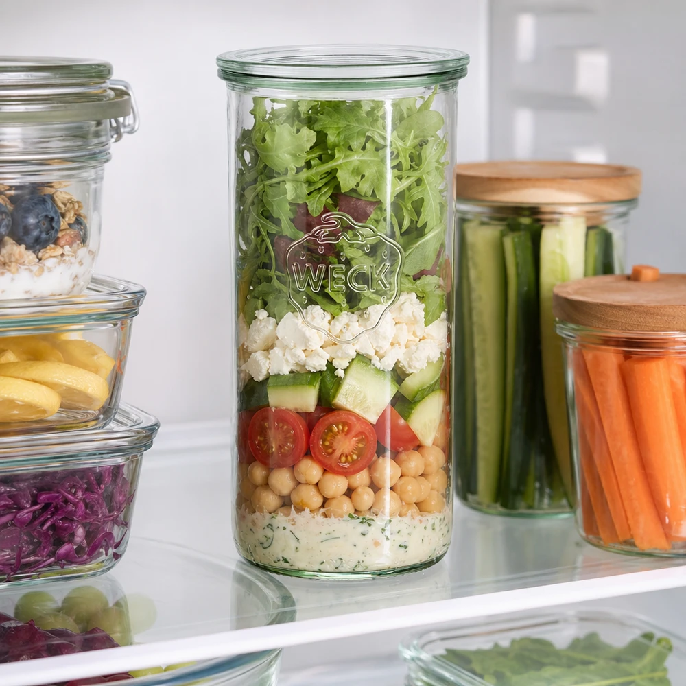 1500ml bocal conique avec bouchon en verre WECK RR100 WECK Pot renversé 1500ml RR100 au réfrigérateur rempli de salade en couches parmi d'autres bocaux de stockage Meal Prep
