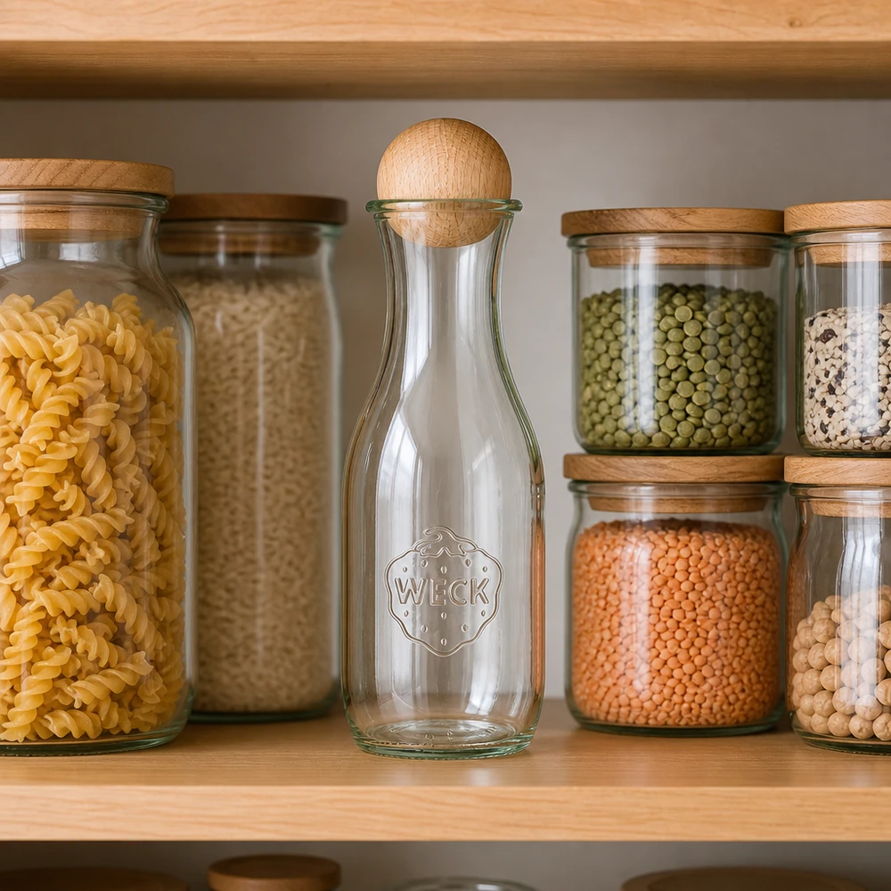 WECK Bouteille en verre 1062ml RR60 vide dans l'armoire à provisions entre les bocaux de pâtes de riz et de légumes secs