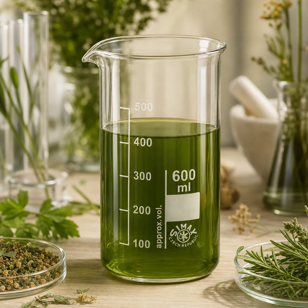 Bécher 600ml en verre borosilicate résistant à la chaleur (forme haute) Verre à bec de 600 ml, de forme haute, contenant un extrait d'herbes vert, entouré d'herbes médicinales fraîches et de brins de romarin