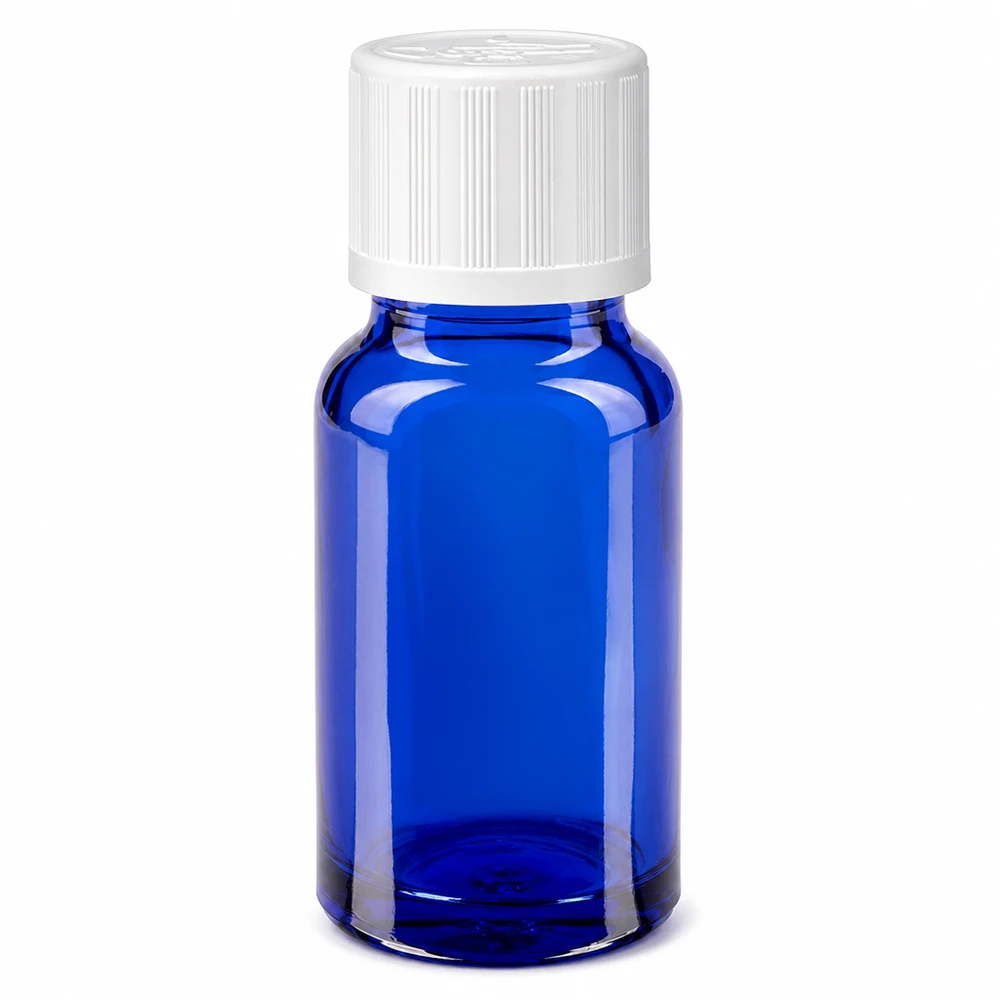 Flacon de pharmacie en verre bleu de 10 ml avec bouchon de sécurité enfant blanc de 11 mm