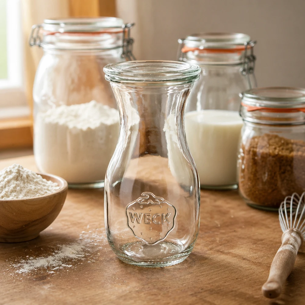 Bouteille à jus de 290 ml avec couvercle en verre WECK RR60 WECK Bouteille de jus 290ml RR60 dans une ambiance de cuisine avec des bocaux de farine et des ustensiles de pâtisserie sur un plan de travail en bois