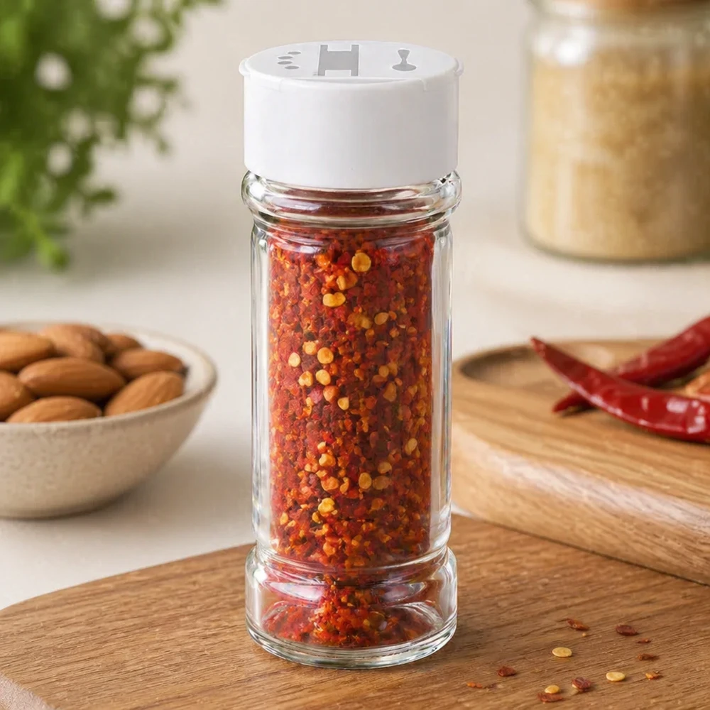 Salière de 100 ml en verre transparent, remplie de flocons de piment, posée sur une planche en bois avec des piments séchés