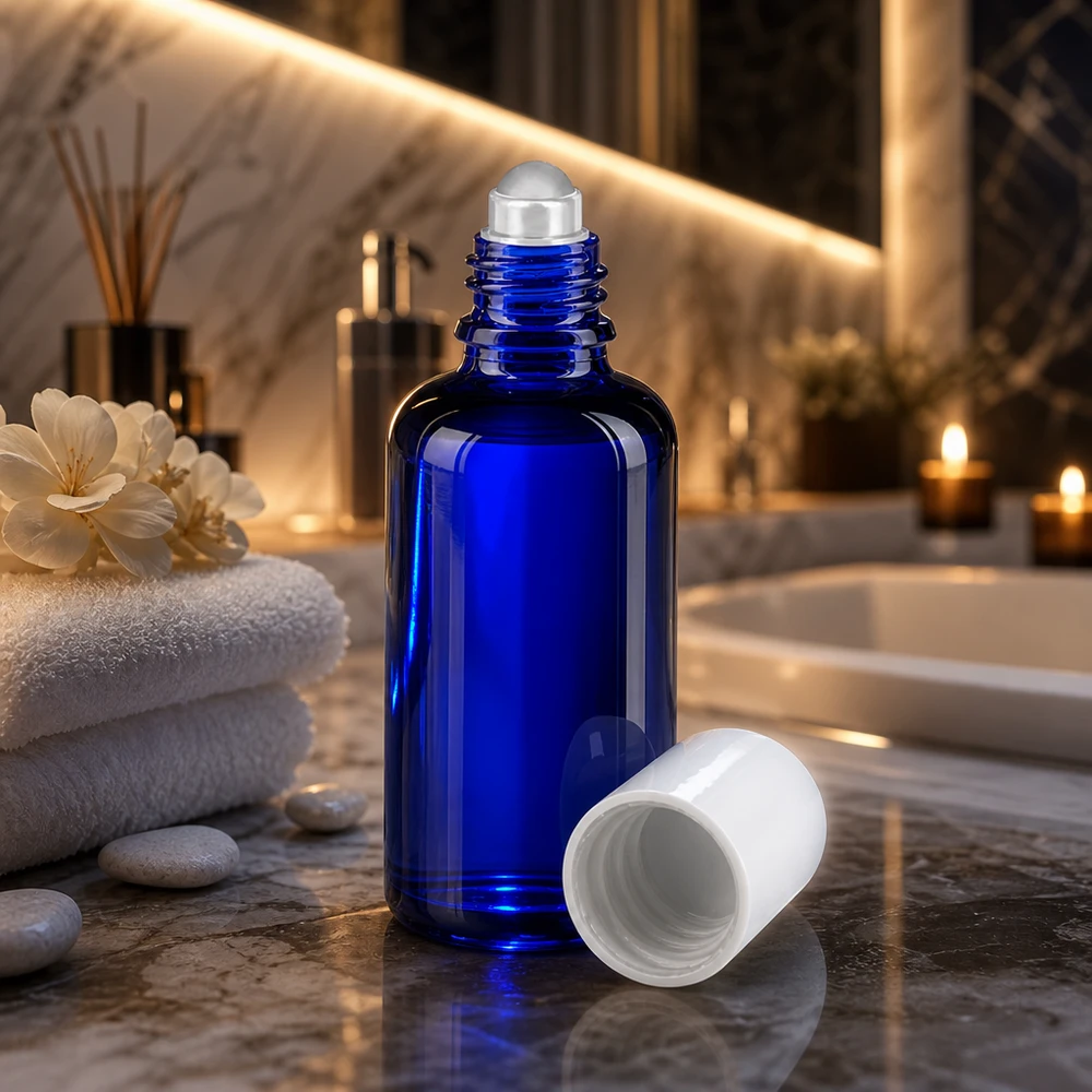 Flacon de pharmacie bleu 50ml Roll-On bouchon blanc Flacon roll-on de 50 ml bleu cobalt avec bouchon en plastique blanc et bille en verre, dans une ambiance spa