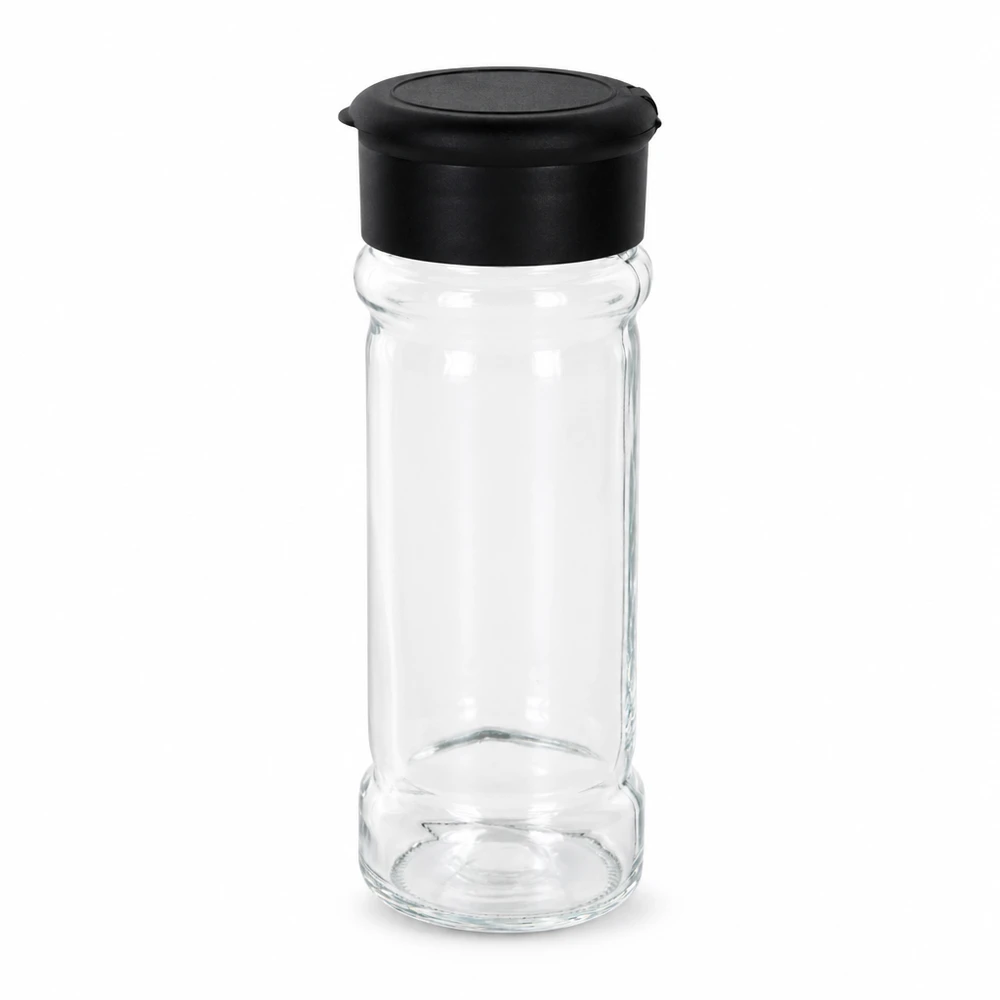 Pot à épices vide de 100 ml en verre transparent avec saupoudreuse en plastique noir