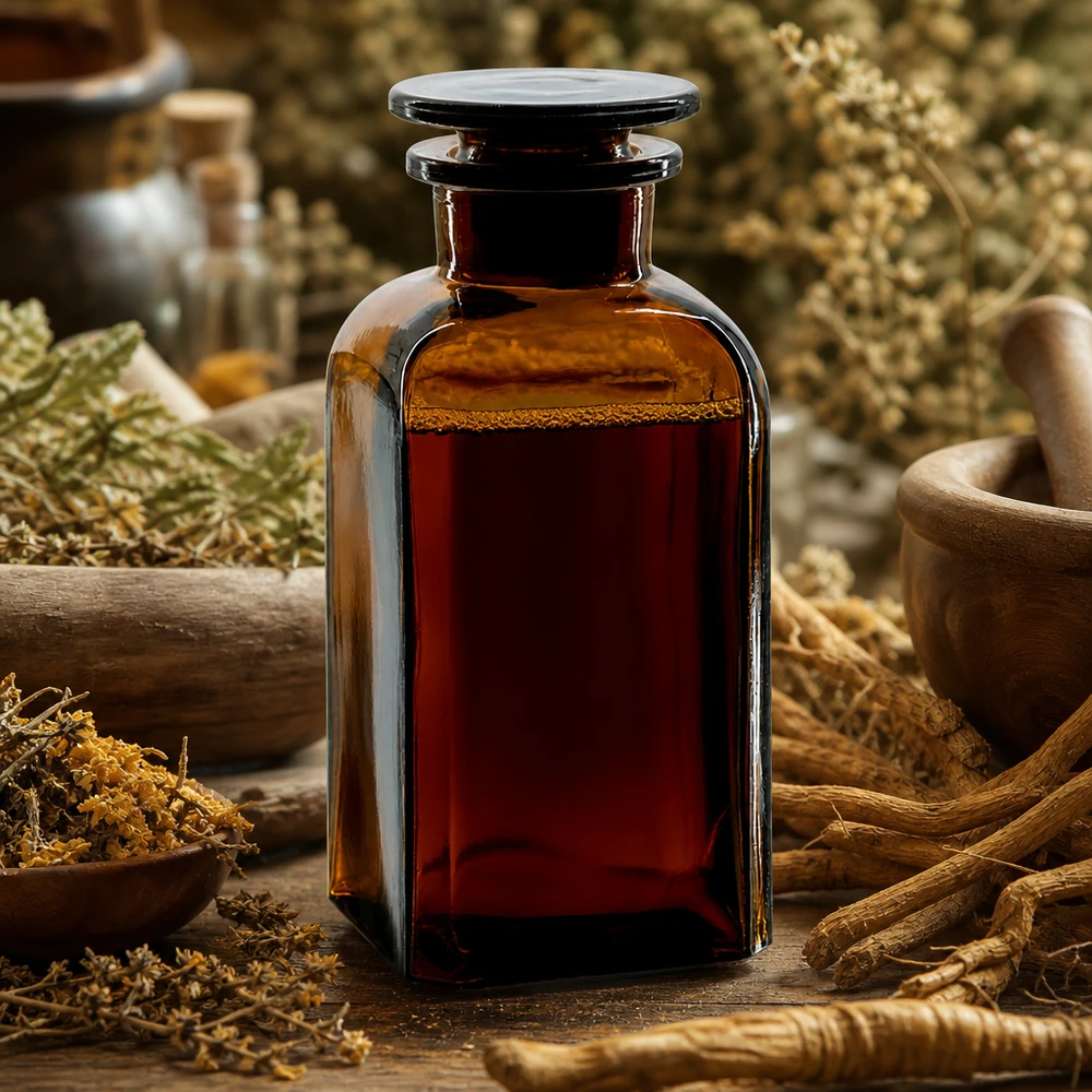 Bouteille carrée classique de 350 ml, de couleur marron, munie d'un bouchon en verre et entourée d'herbes médicinales et de racines séchées