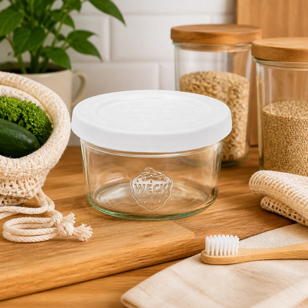 50ml bocal conique avec couvercle fraîcheur WECK RR60 WECK Pot renversé de 50ml RR60 avec couvercle blanc dans une cuisine durable avec brosse à dents en bambou et produits zéro déchet