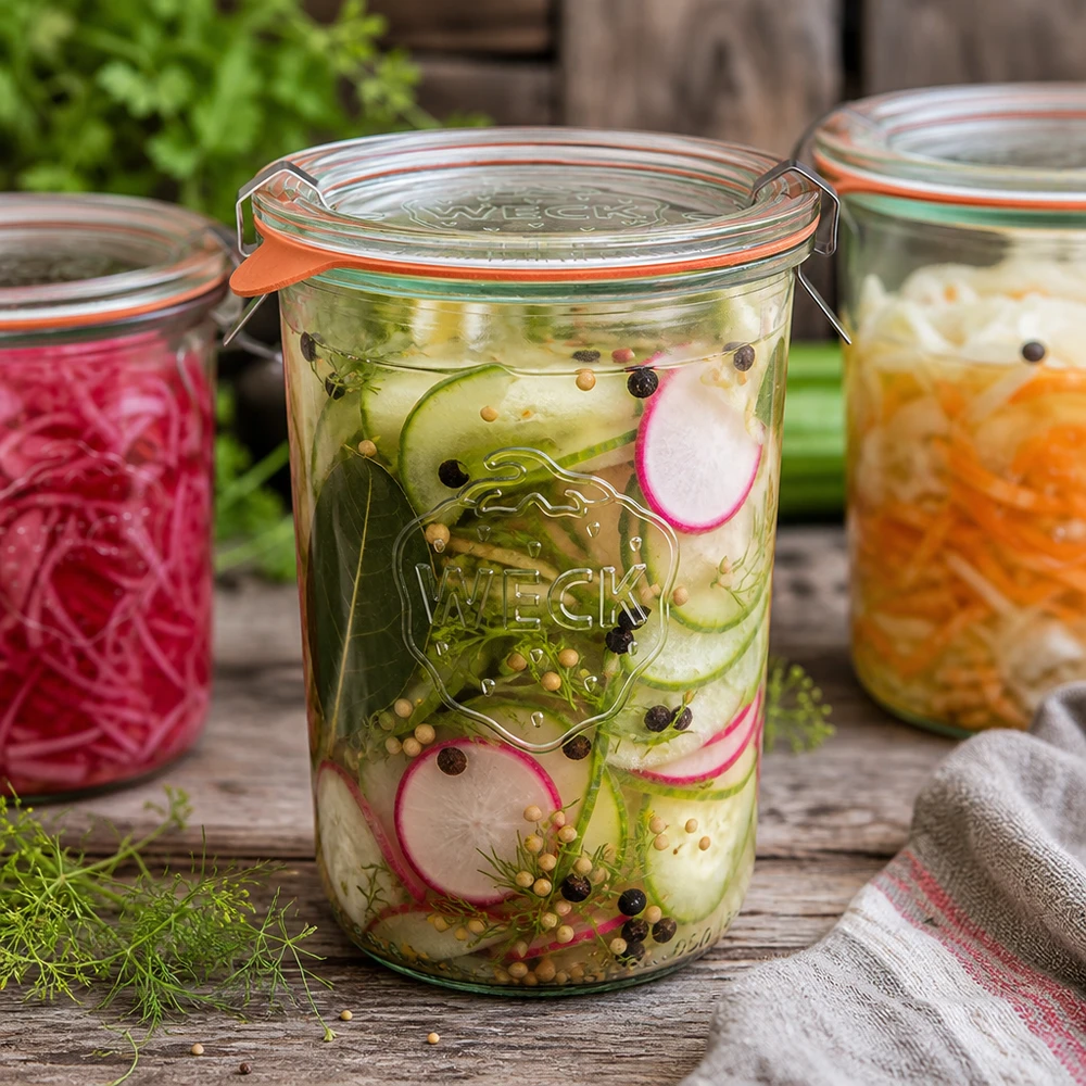 850ml bocal conique complet WECK RR100 WECK RR100 Sturzglas 850ml mit eingelegtem Gurken-Radieschen-Salat zeigt perfekte Fermentation und Konservierung