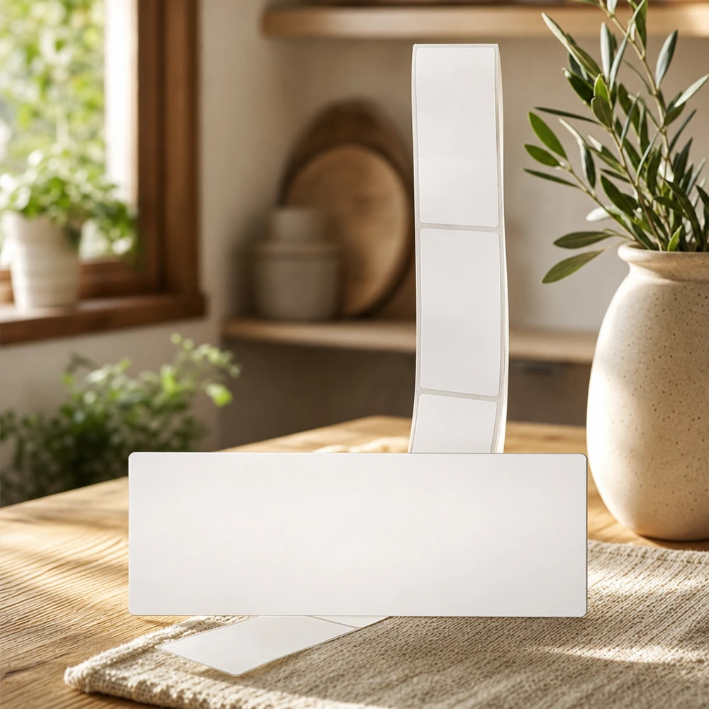 20 étiquettes amovibles blanches, 54x154.5 mm Étiquettes vierges 54x154,5mm présentées dans un environnement naturel avec une plante et une lumière du jour chaude