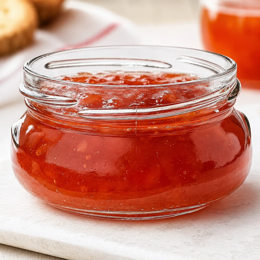 120ml Verre terrine sans couvercle (TO70) UNiTWIST UNiTWIST Terrina120 Pot à terrine 120ml TO70 rempli de confiture rouge sur planche en bois blanc