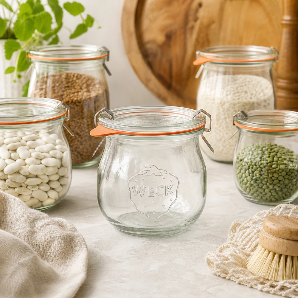 75ml bocal tulipe complet WECK RR40 WECK Pot tulipe 75ml RR40 dans une scène de cuisine naturelle entre des bocaux de stockage avec des légumineuses et des céréales