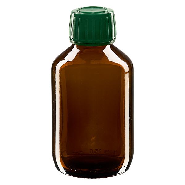 Flacon médical 150 ml couleur ambrée avec bouchon verte Flacon médical 150 ml couleur ambrée avec bouchon verte