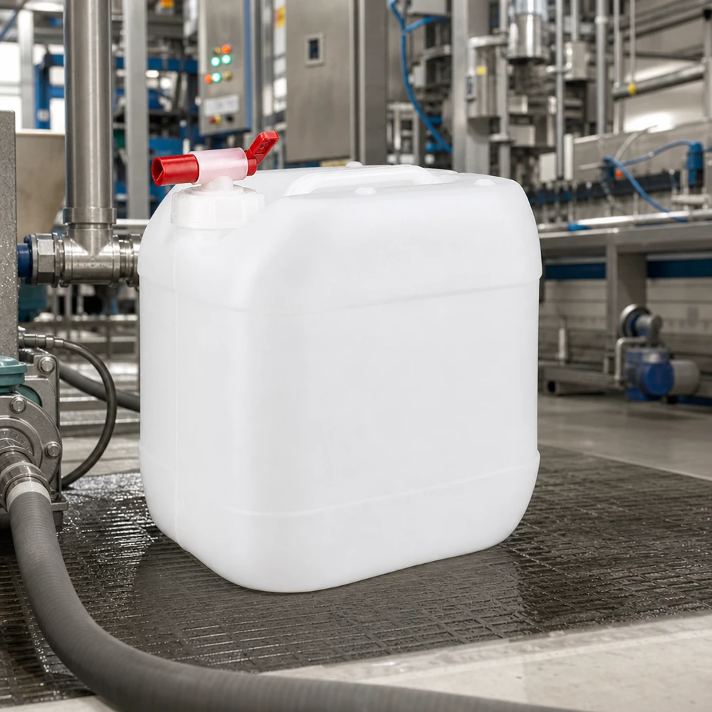 Bidon industriel de 15 litres muni d'un robinet rouge, sur un tapis roulant dans une usine de production moderne