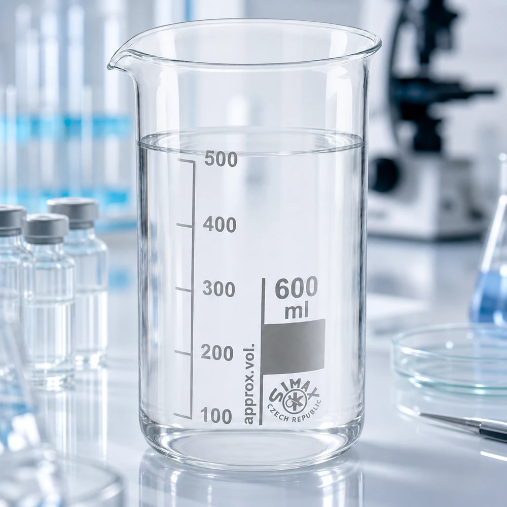 Bécher vide de 600 ml, de forme haute, en verre borosilicaté transparent, avec graduation, sur une paillasse de laboratoire