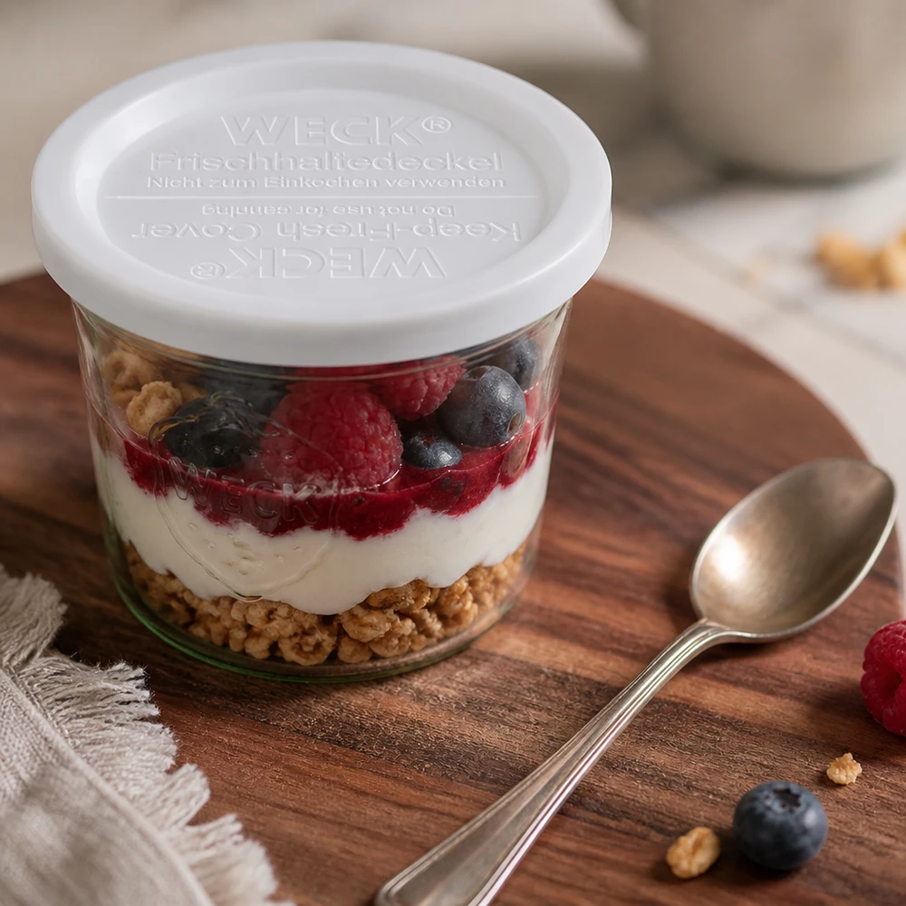 Couvercle fraîcheur WECK RR120 WECK Couvercle fraîcheur RR120 sur yaourt-baie-dessert en pot avec cuillère sur planche en bois Accessoires de cuisine