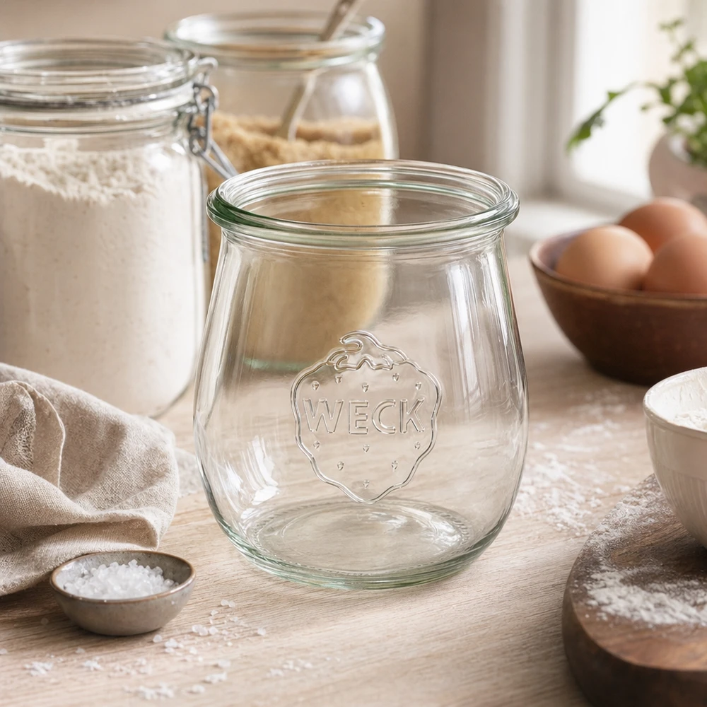 220ml bocal tulipe WECK RR60 WECK Pot tulipe 220ml RR60 transparent vide dans une scène de cuisine avec de la farine, des œufs et des ingrédients de cuisson sur une table en bois
