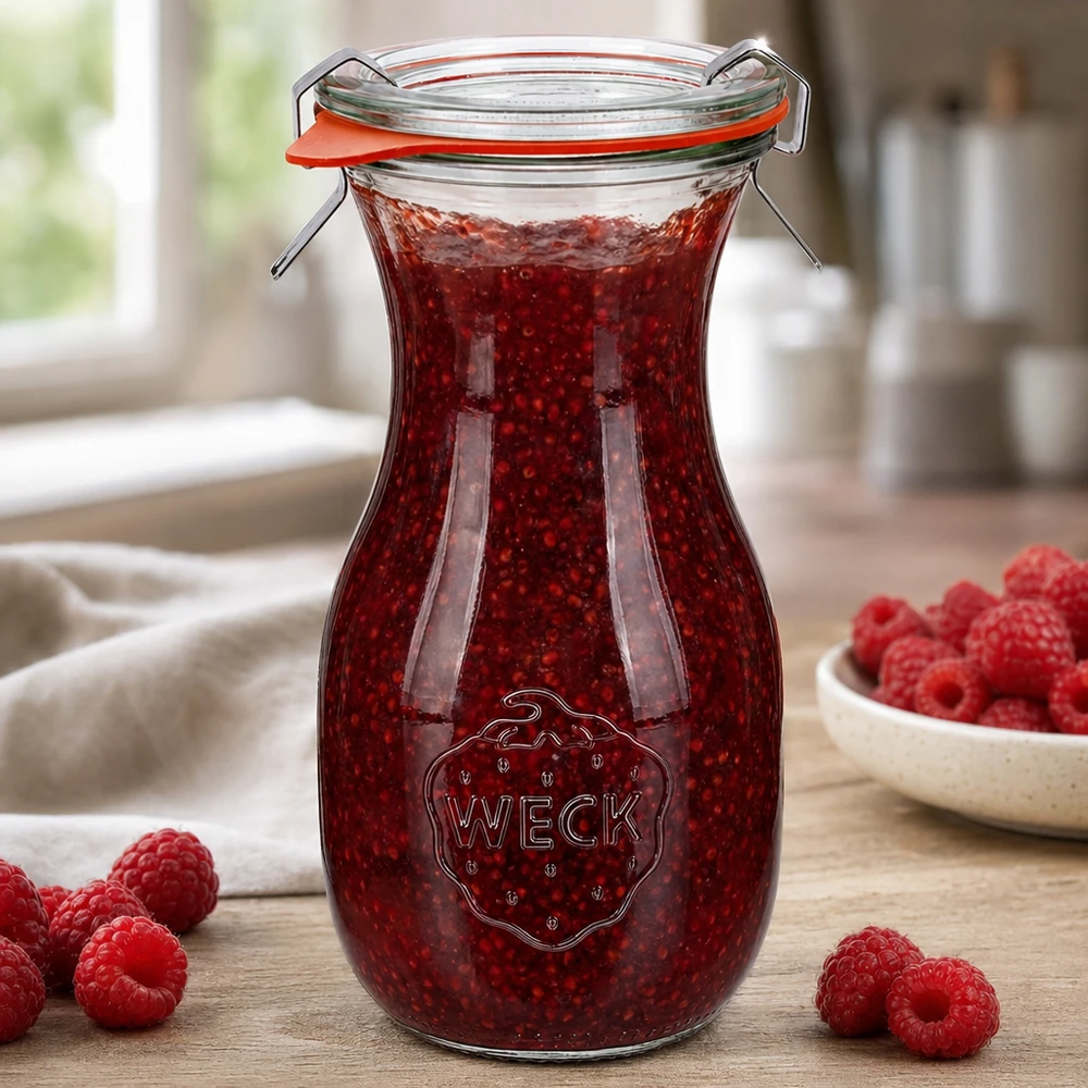 WECK Bouteille de jus 290ml RR60 remplie de confiture de framboises et bouchon à étrier sur table en bois avec framboises fraîches