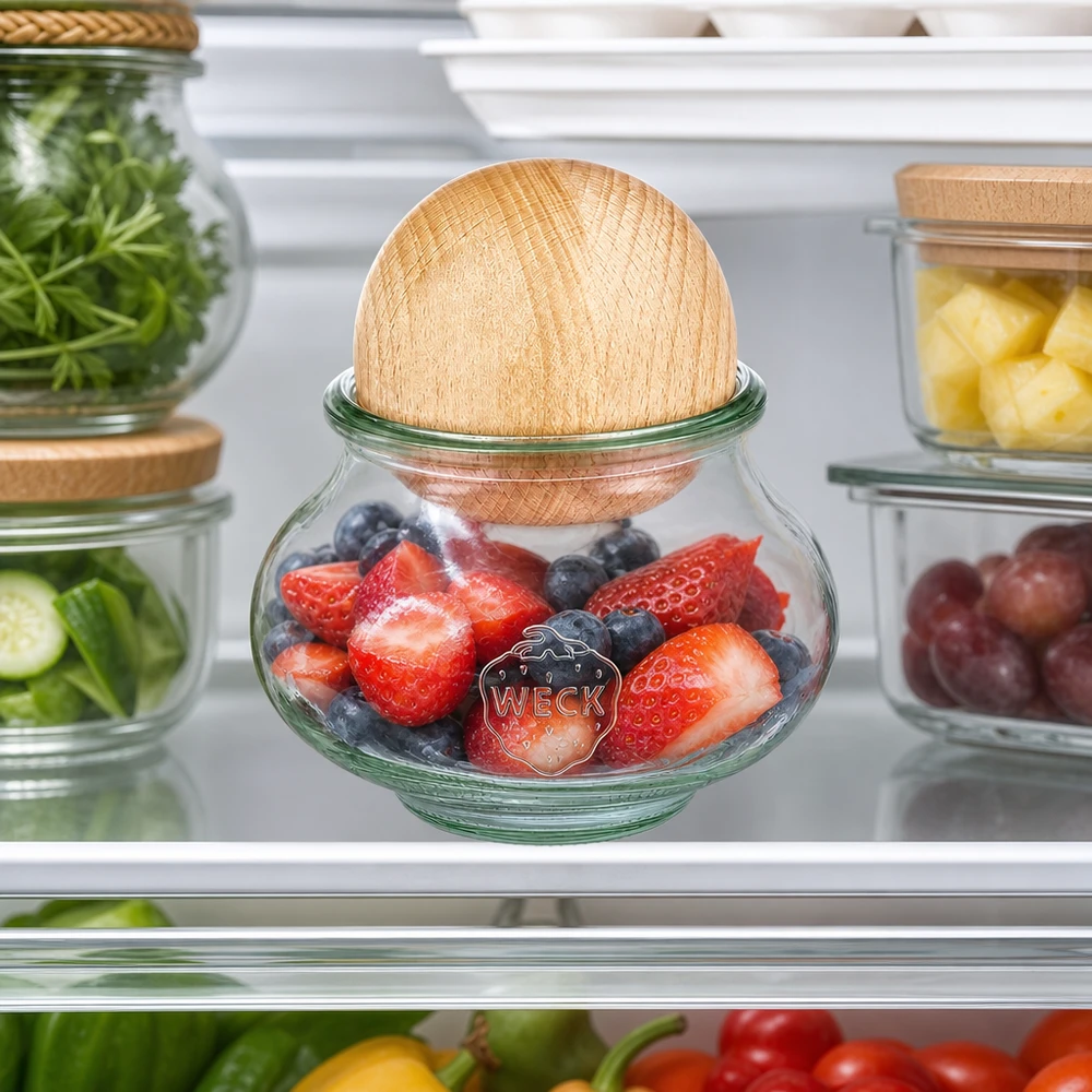 560ml bocal décoratif WECK RR80 avec boule en bois en hêtre WECK Bocal à bijoux 560ml RR80 Réfrigérateur Conservation des baies Fruits Sphère en bois Hêtre Conservation de la fraîcheur Organisation du réfrigérateur