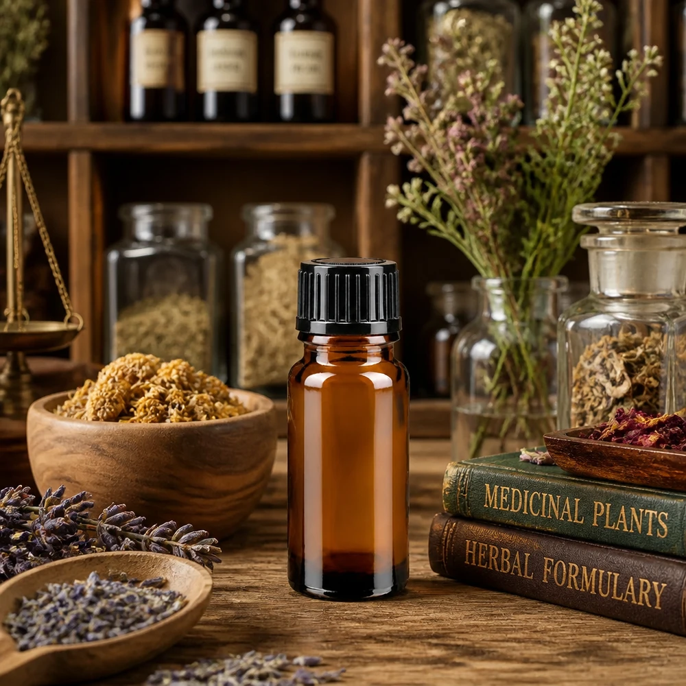 Flacon de pharmacie brun 10ml bouchon compte-gouttes 1mm noir standard Flacon en verre ambré de 10 ml muni d'un bouchon compte-gouttes noir, posé parmi des livres sur les herbes et des plantes médicinales séchées