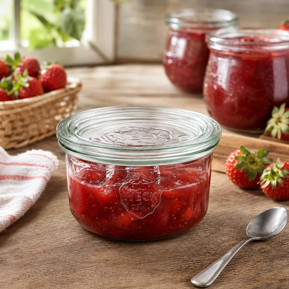 WECK Pot renversé 165ml RR80 rempli de confiture de fraises sur table en bois avec fraises fraîches et cuillère