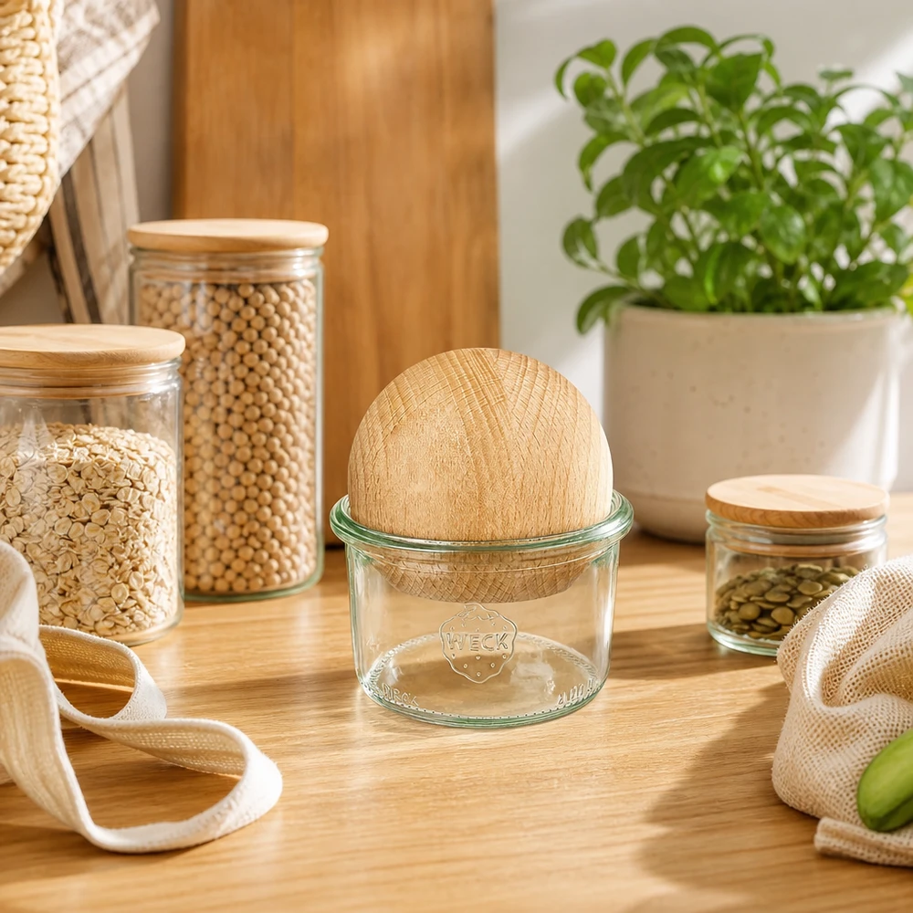 WECK Verre renversé 200ml RR80 avec boule en bois de hêtre dans la cuisine Zero-Waste, entouré de bocaux à provisions durables et de sacs en tissu