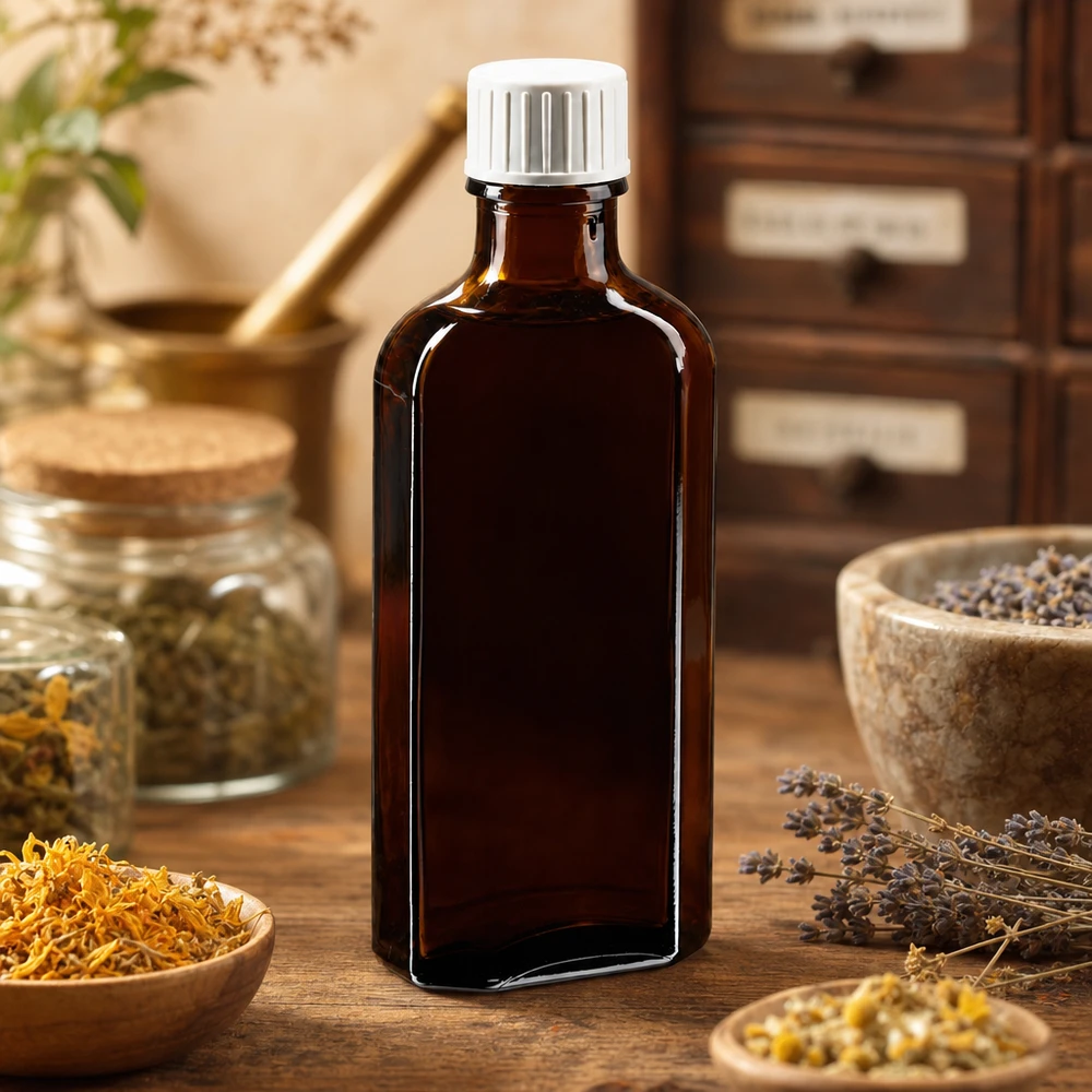 Flasque brune de 100 ml au goulot DIN 22, avec bouchon à vis DIN 22 blanc et bague anti-gouttes Flacon carré en verre ambré de 100 ml muni d'un bec verseur, entouré de plantes médicinales et de lavande