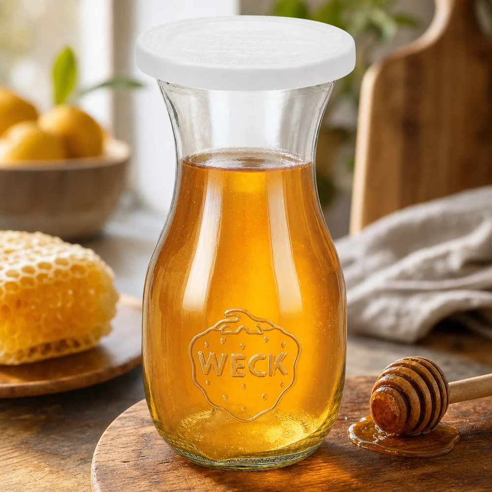 Bouteille à jus de 290 ml avec couvercle fraîcheur WECK RR60 WECK Bouteille de jus de 290 ml avec couvercle fraîcheur RR60 remplie de miel doré à côté de la cuillère à miel et du nid d'abeille