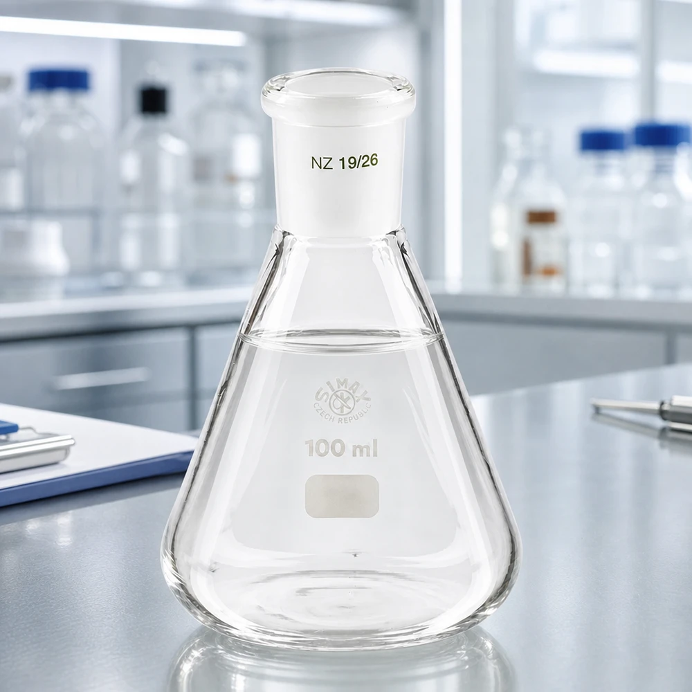 Erlenmeyer 100 ml col étroit, verre borosilicate à rodage normalisé 19/26 Erlenmeyer 100 ml col étroit, verre borosilicate à rodage normalisé 19/26