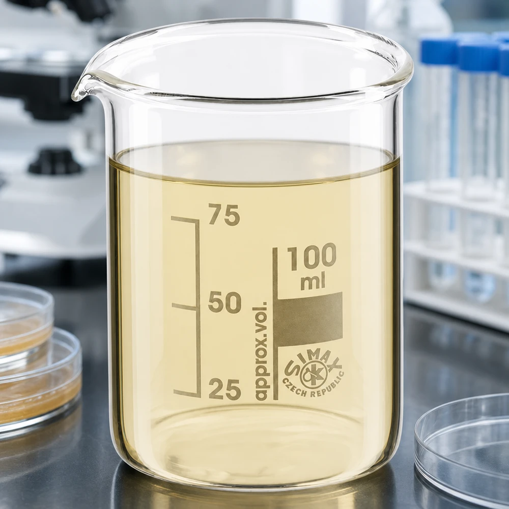 Bécher transparent 100ml en verre borosilicaté avec liquide jaune et graduation précise