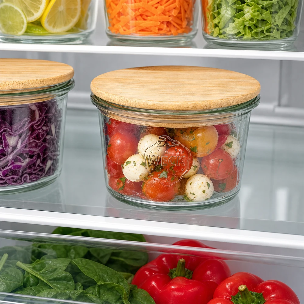 Mini bocal en verre renversé de 35 ml WECK RR40 avec couvercle en bois WECK Mini Sturzglas 35ml mit Bambus Holzdeckel zur Aufbewahrung von Tomaten und Mozzarella im Kühlschrank organisiert