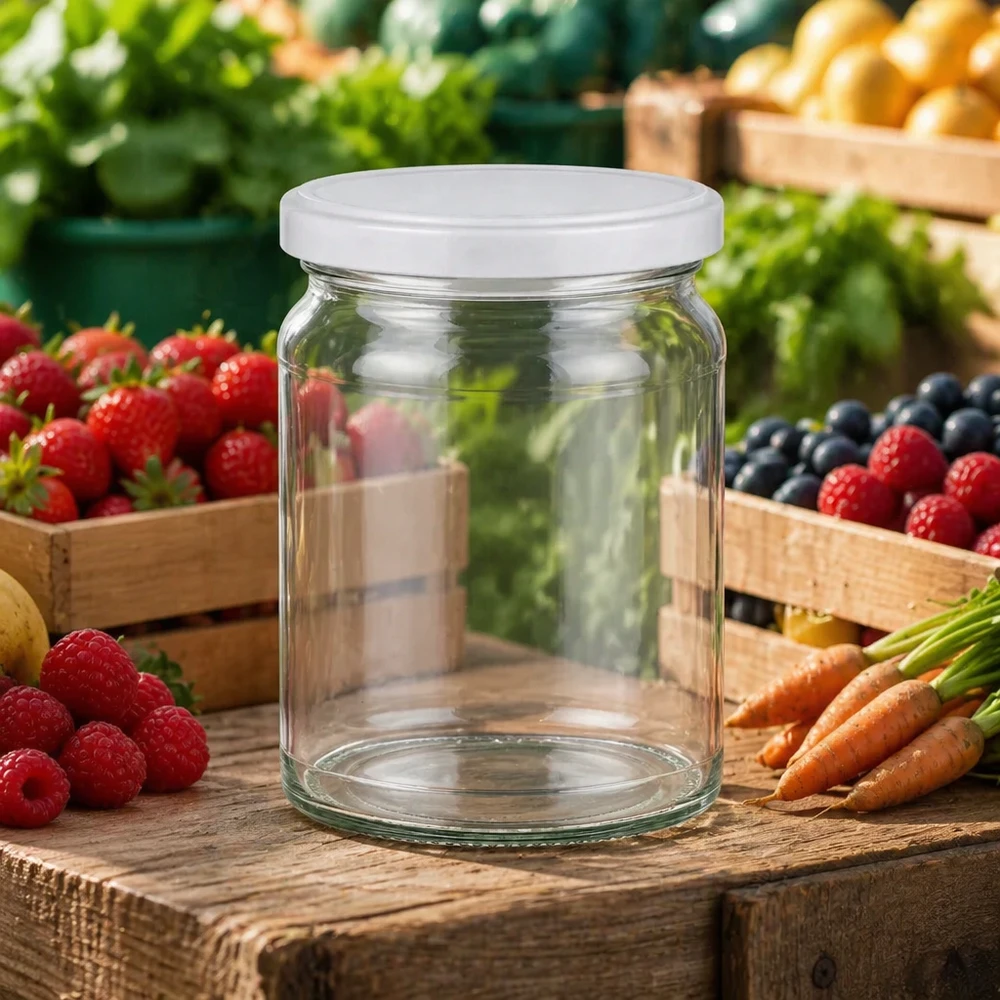 Pot rond 205ml UNiTWIST sur table en bois avec fruits et légumes frais - idéal pour confitures et conserves