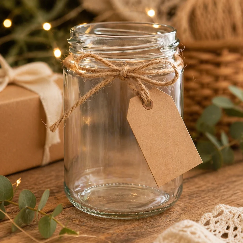 390ml Verre rond sans couvercle (TO70) UNiTWIST Verre rond vide UNiTWIST 390ml TO70 décoré avec une ficelle de jute et un pendentif en papier kraft sur une table en bois