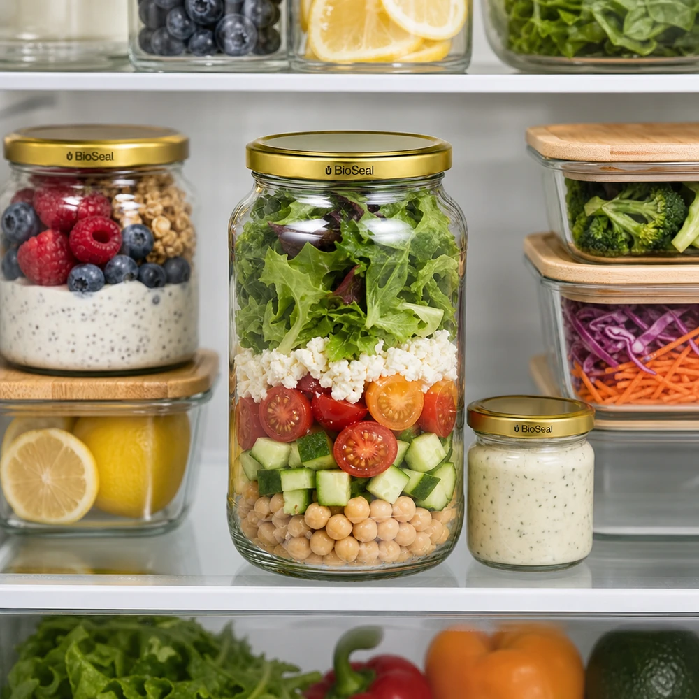 1062ml Verre rond avec couvercle BioSeal or UNiTWIST UNiTWIST Runda1062 Réfrigérateur Meal Prep Salade à couches TO82 BioSeal Couvercle doré Bocal de conservation Conservation de la fraîcheur
