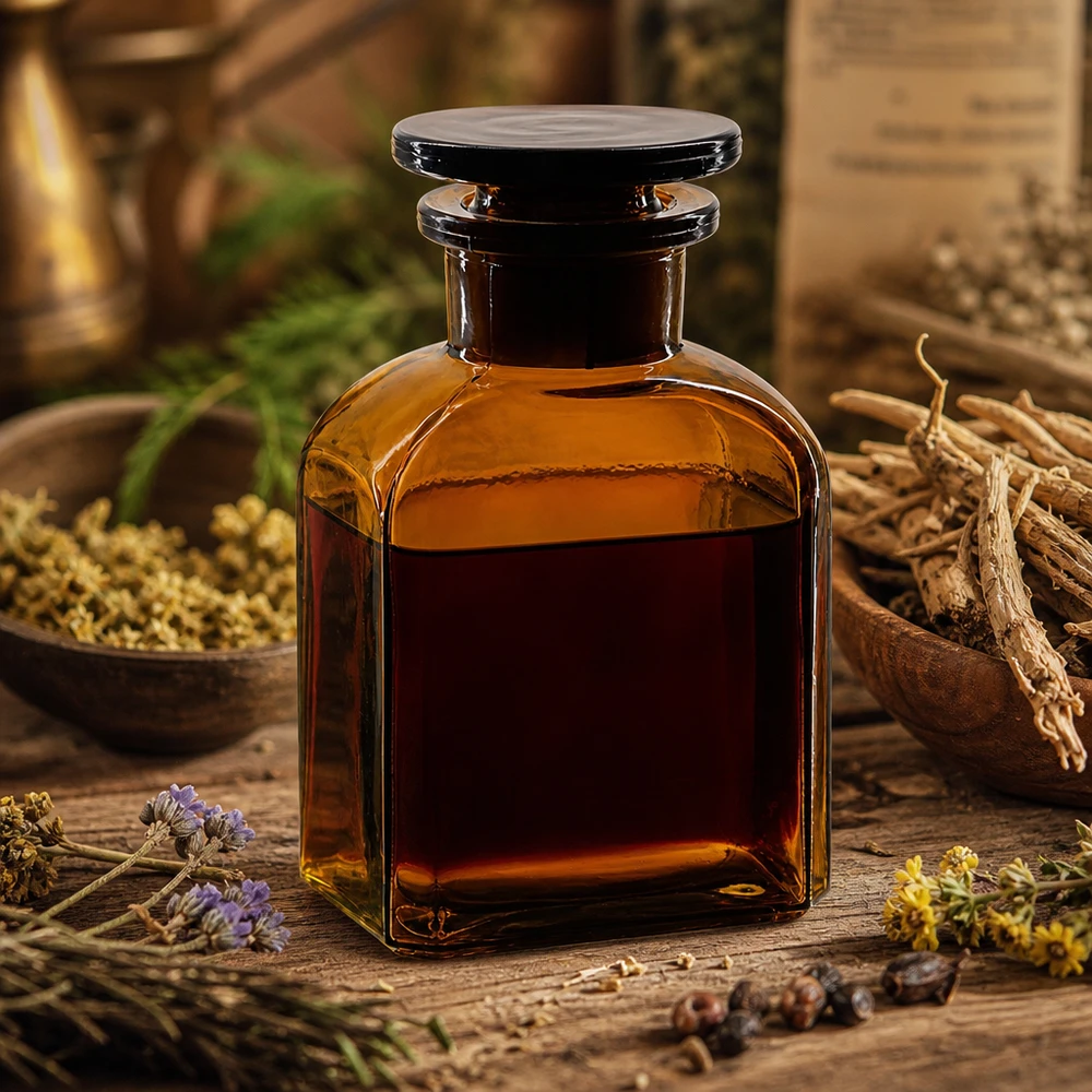 Flacon carré col large 150 ml + bouchon RIN, verre ambré Flacon de pharmacie de 150 ml, carré, en verre ambré, à col large et muni d'un bouchon en verre, pour huiles essentielles