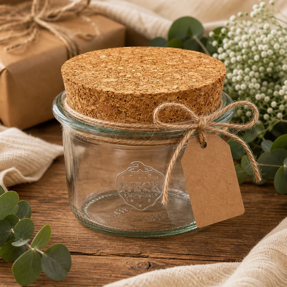 WECK Verre renversé 80ml RR60 Idée cadeau avec pendentif en liège et ruban de jute décoré sur une table en bois