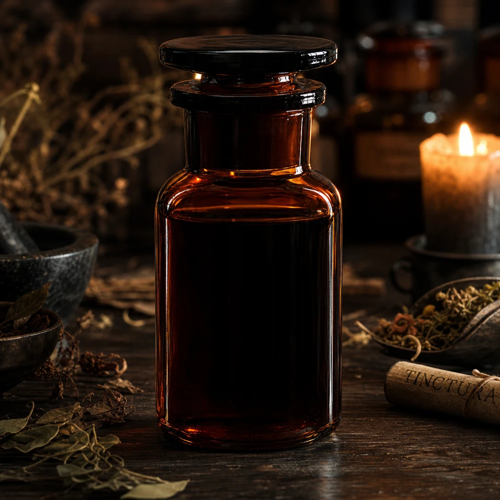 Flacon pharmaceutique 100 ml col large + bouchon verre ambré Flacon de teinture foncé de 100 ml, à épaulement arrondi et col large, muni d'un bouchon en verre, contenant des herbes et une bougie