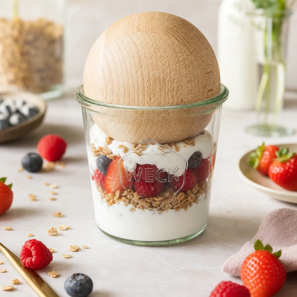 WECK Verre renversé RR100 580ml avec boule en bois de hêtre comme bol à céréales avec yaourt baies et granola sur le comptoir de la cuisine