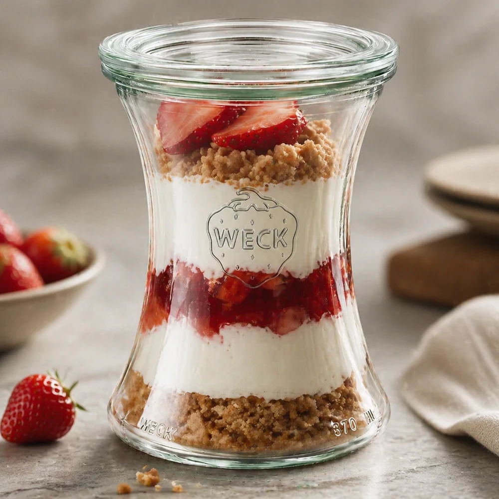 Bocal en verre de 370 ml avec couvercle en verre WECK RR80 WECK Verre à délicatesse 370ml RR80 comme verre à dessert avec des fraises et des vermicelles montre une optique de couche élégante
