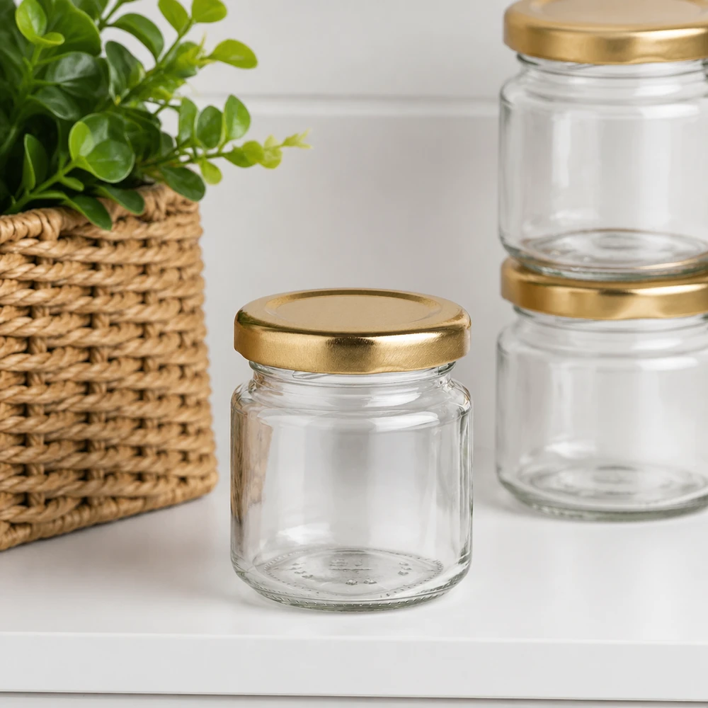 53ml Verre rond avec couvercle BasicSeal or UNiTWIST 53ml verre rond UNiTWIST vide avec couvercle doré BasicSeal dans une ambiance moderne avec plante