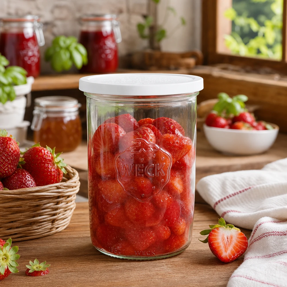 1000ml bocal conique avec couvercle fraîcheur WECK RR100 WECK Pot de conservation 1000ml RR100 avec fraises marinées dans une cuisine rustique avec des fruits frais
