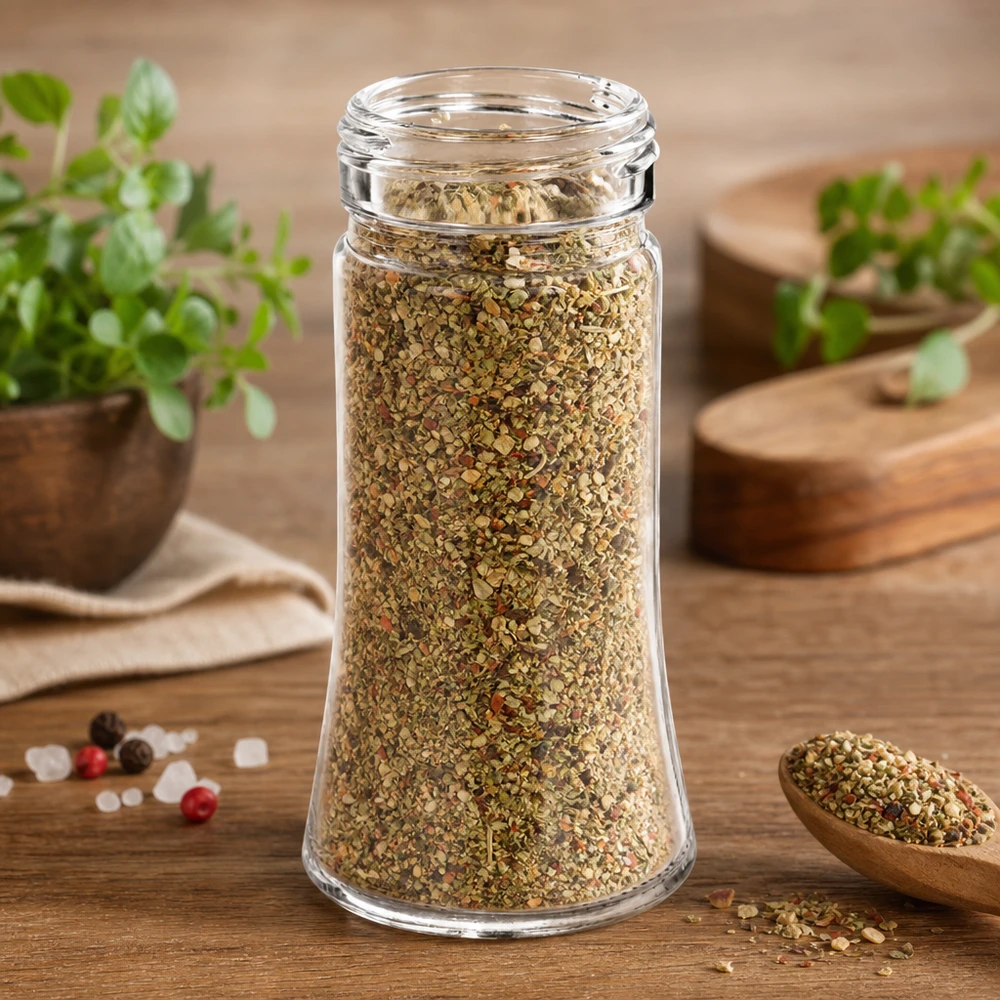 Pot à épices Bobby de 95 ml rempli d'un mélange d'herbes aromatiques à base d'origan, à côté de plantes aromatiques fraîches