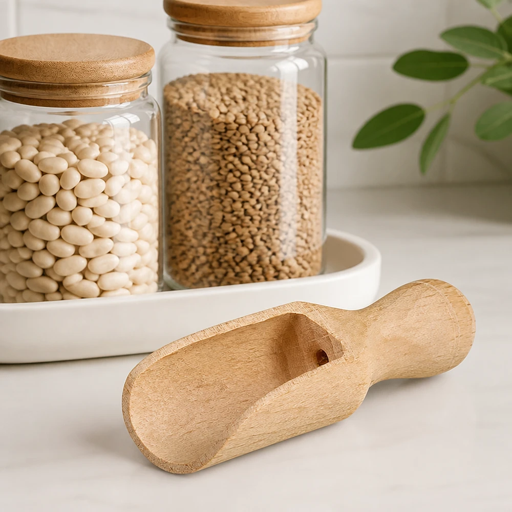 Pelle en bois XS 5,2cm à côté de bocaux de stockage avec des haricots blancs et de la coriandre pour la cuisine zéro déchet et la conservation des épices