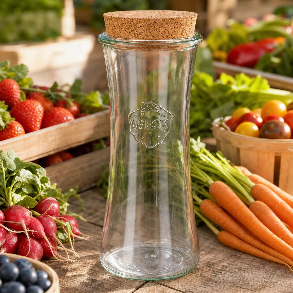 700ml bocal à gourmandises WECK RR80 avec bouchon nature WECK RR80 Pot à provisions 700ml vide avec couvercle en liège entre légumes frais carottes radis tomates sur étal de marché