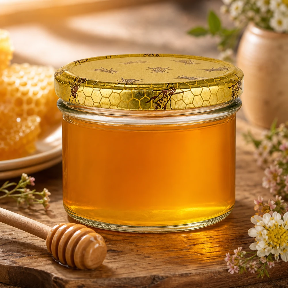 225ml pot de conserve rempli de miel BasicSeal couvercle design nid d'abeille pot de miel avec cuillère en bois pot de confiture