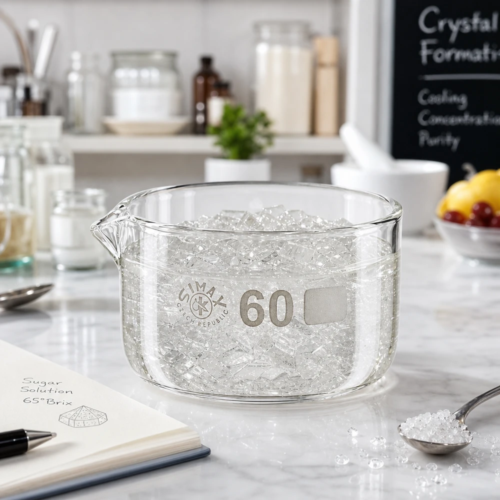 Coupelle de cristallisation 60 ml avec bec verseur Coupelle de cristallisation 60 ml, pour glaçons, en verre borosilicaté, plate, cylindrique, avec bec verseur, coupelle de laboratoire