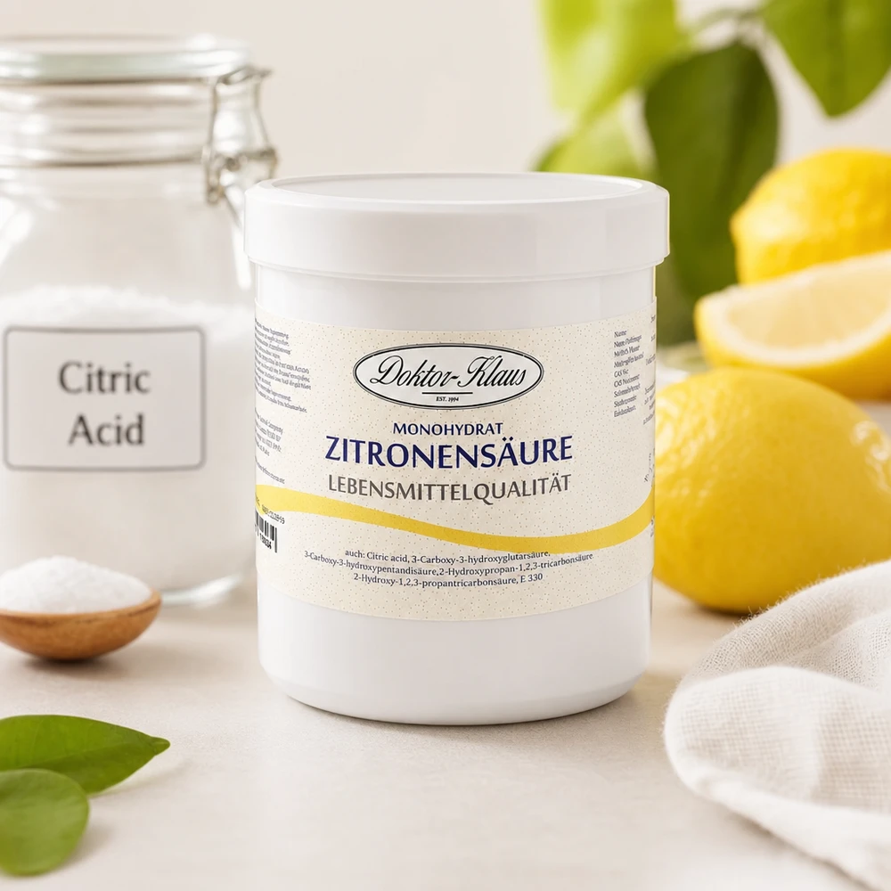500g d'acide citrique Doktor-Klaus Acide citrique monohydraté 500g Doktor-Klaus qualité alimentaire avec citrons naturels en arrière-plan