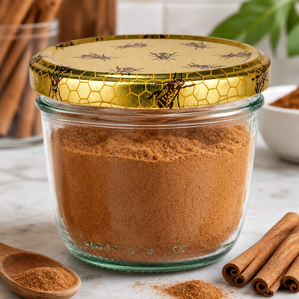 Pot de 230 ml avec couvercle en nid d'abeille rempli de cannelle en poudre à côté de bâtons de cannelle pour conserver les épices.